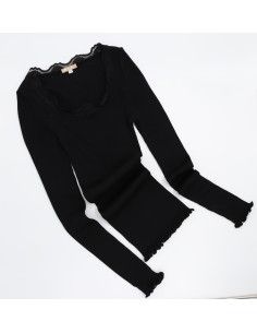 MAGLIA A MANICHE LUNGHE IN SETA-COTONE CON PIZZO - NERO