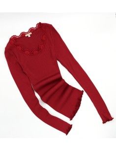 MAGLIA A MANICHE LUNGHE IN SETA-COTONE CON PIZZO - ROSSO