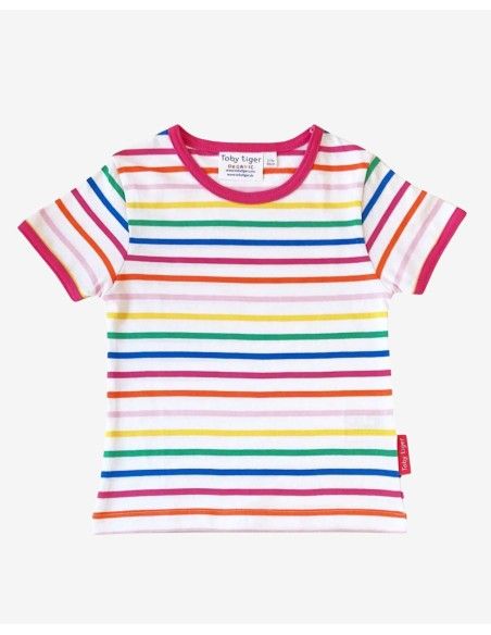 MAGLIA A MANICHE CORTE IN COTONE BIOLOGICO "RIGHE ARCOBALENO"