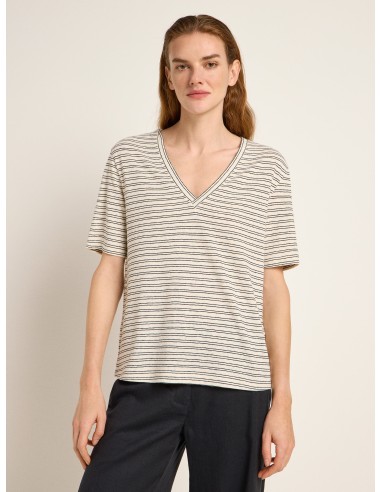 T-SHIRT IN CANAPA E COTONE BIO A RIGHE CON SCOLLO "V"