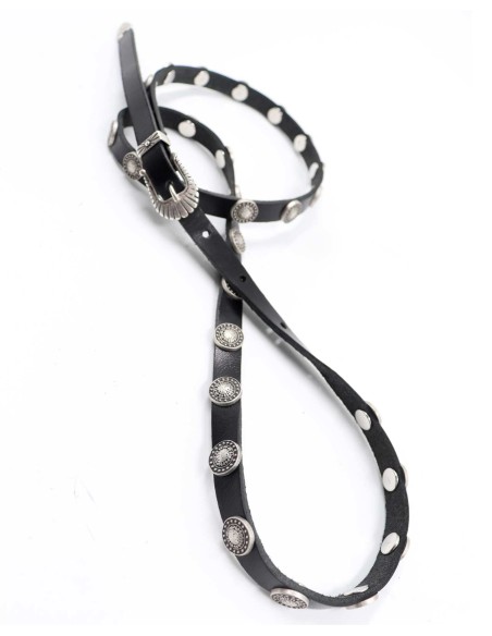 CINTURA SOTTILE ARTIGIANALE IN VERA PELLE E METALLO ARGENTATO "COINS"