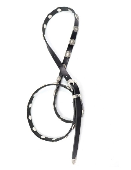 CINTURA SOTTILE ARTIGIANALE IN VERA PELLE E METALLO ARGENTATO "COINS"