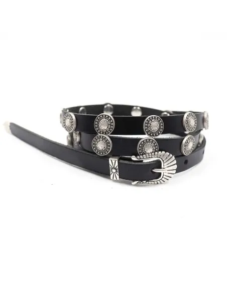 CINTURA SOTTILE ARTIGIANALE IN VERA PELLE E METALLO ARGENTATO "COINS"