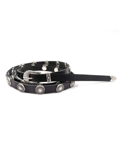 CINTURA SOTTILE ARTIGIANALE IN VERA PELLE E METALLO ARGENTATO "COINS"