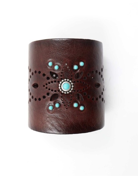 BRACCIALE ARTIGIANALE IN PELLE E BORCHIE "TURCHESE"