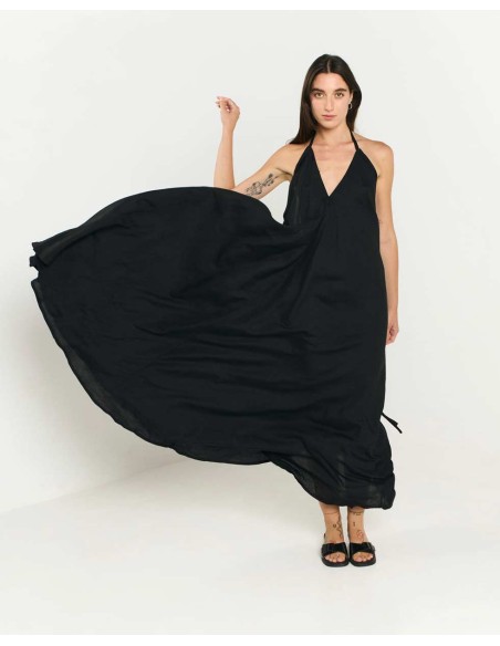 Lino Vestito Lungo Nero Maniche Corte Abito Lungo Nero In Maglina