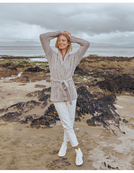 CARDIGAN ARAN CON CINTURA IN LANA MERINO SUPERSOFT