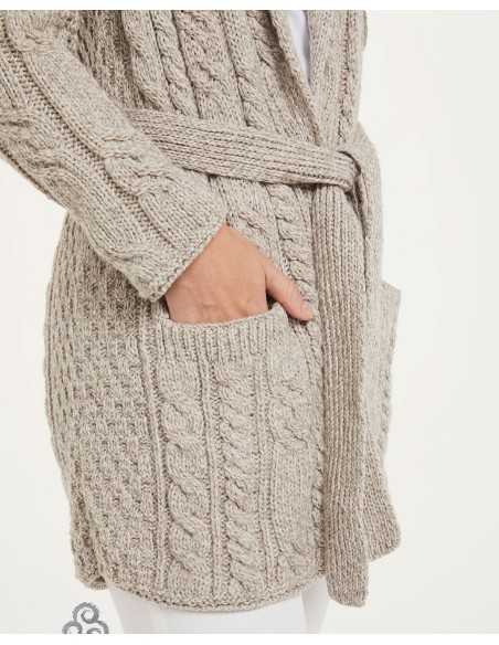 CARDIGAN ARAN CON CINTURA IN LANA MERINO SUPERSOFT