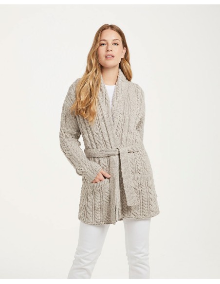 CARDIGAN ARAN CON CINTURA IN LANA MERINO SUPERSOFT