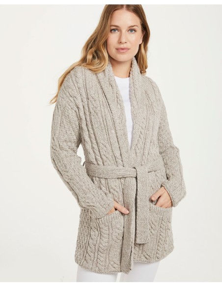 CARDIGAN ARAN CON CINTURA IN LANA MERINO SUPERSOFT