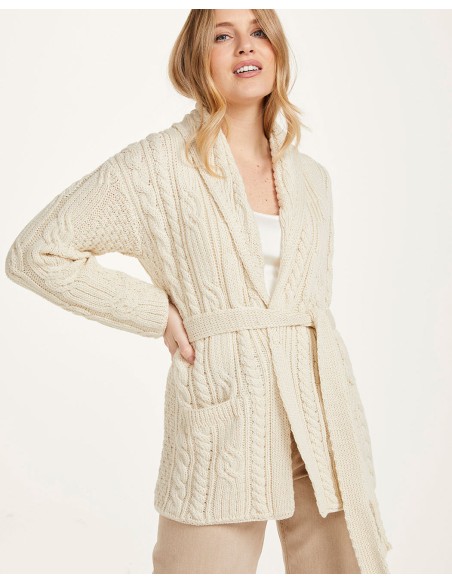 CARDIGAN ARAN CON CINTURA IN LANA MERINO SUPERSOFT