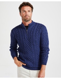 MAGLIONE ARAN UOMO IN LANA SUPERSOFT "MEZZA ZIP" - BLU