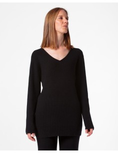 MAXI PULL IN 100% CASHMERE SCOLLO A V "SARA" - NERO