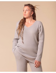 MAXI PULL IN 100% CASHMERE SCOLLO A V "SARA" - SASSO
