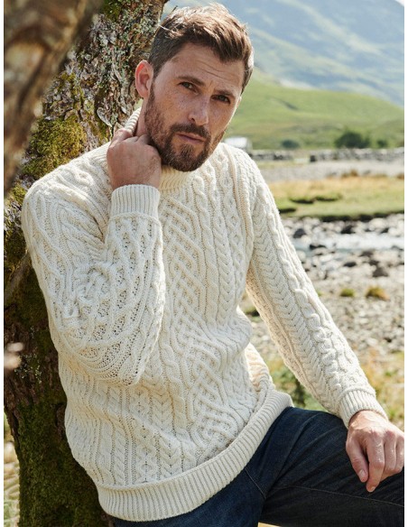 MAGLIONE ARAN IN LANA IRLANDESE SUPERSOFT "COLLO ALTO"