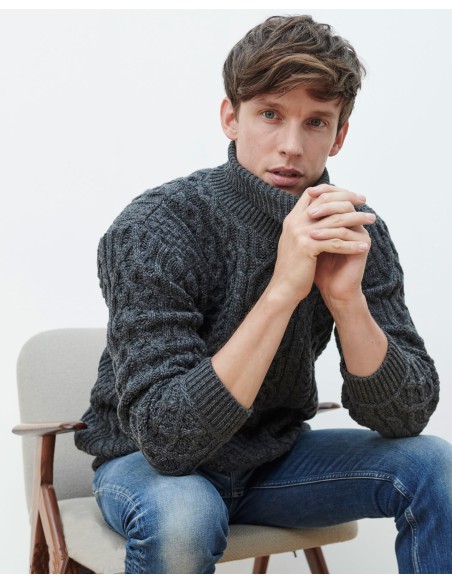 MAGLIONE ARAN IN LANA IRLANDESE SUPERSOFT "COLLO ALTO"