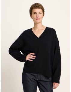 MAGLIONE SCOLLO A "V" IN LANA E COTONE BIO - NERO