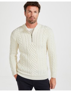 MAGLIONE ARAN UOMO IN LANA SUPERSOFT "MEZZA ZIP" - NATURALE