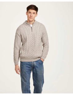 MAGLIONE ARAN UOMO IN LANA SUPERSOFT "MEZZA ZIP" - GRIGIO