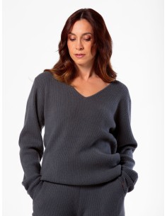 MAXI PULL IN 100% CASHMERE SCOLLO A V "SARA" - CARBONE 2