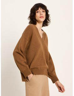 MAGLIONE SCOLLO A "V" IN LANA E COTONE BIO - CAMMELLO