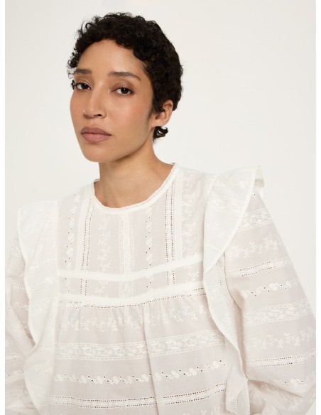 CAMICIA RICAMATA CON VOLANT IN COTONE BIOLOGICO