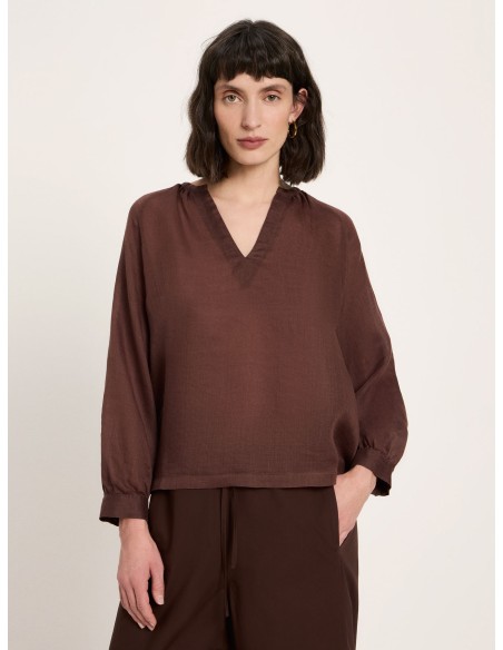 BLUSA MANICHE A 3/4 E SCOLLO A V IN RAMIE