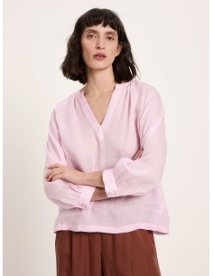 BLUSA MANICHE A 3/4 E SCOLLO A V IN RAMIE - ROSA
