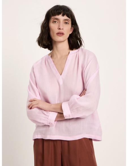 BLUSA MANICHE A 3/4 E SCOLLO A V IN RAMIE