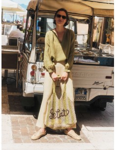 BLUSA MANICHE A 3/4 E SCOLLO A V IN RAMIE - VERDE