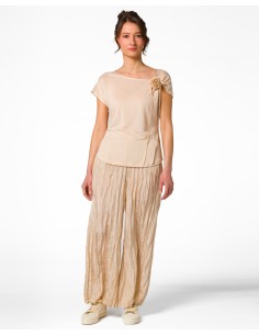 PANTALONE LUNGO IN 100% SETA STROPICCIATA "DIDI" - NUDE