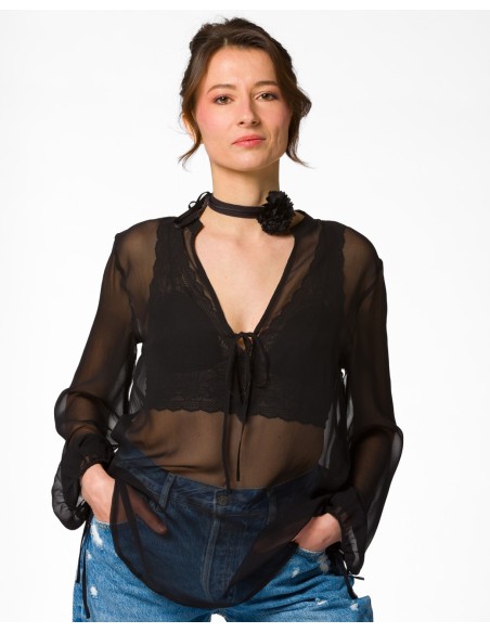 BLUSA SCOLLO A V IN PURA SETA CHIFFON "SIBILLA"